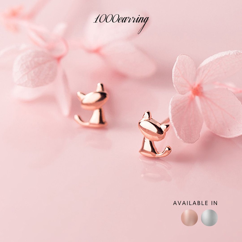 1000earring 925 Sterling Silver Cat Stud Earrings - Silver/Rose gold