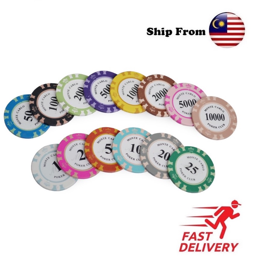 [ READY STOCK ] [ 25PCS ] 14g Premium Monte Carlo Casino Poker Chips Poker Set Texas Poker Game Playing Chip 德州扑克筹码