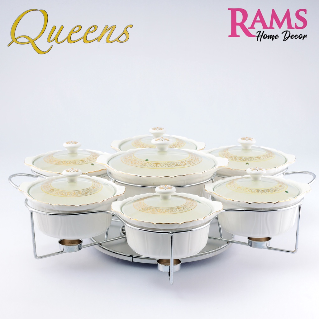 Queens 16 Pcs Premium Porcelain Serving Dish Set / Chafing Dish Set with Stainless Steel Rotating Stand & Candle Holder