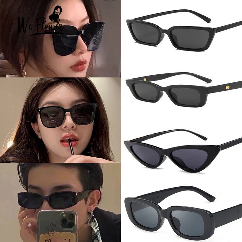 We Flower Unisex Anti-UV Fashion Black Square Sunglasses for Men Women Chic Cat Eye Frame Eyeglasses Kacamata Hitam Retro Gaya Sunglass Shades Outdoor OOTD Eyewear