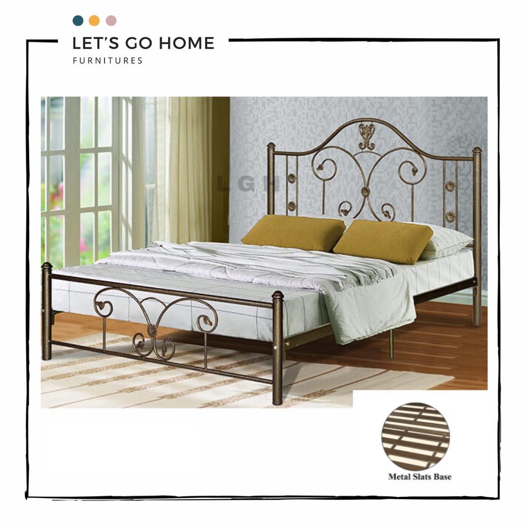 Antique Metal Queen Bed Frame Katil Besi Queen Size Metal Slats Base Bed Frame Katil Queen