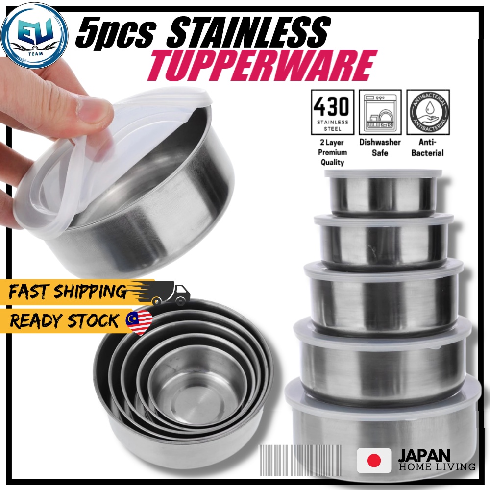 Set 5 Pcs Multipurpose Stainless Steel Stock Pot With Lid Periuk Masak Food Storage Malay Chinese Indian lunch box EU
