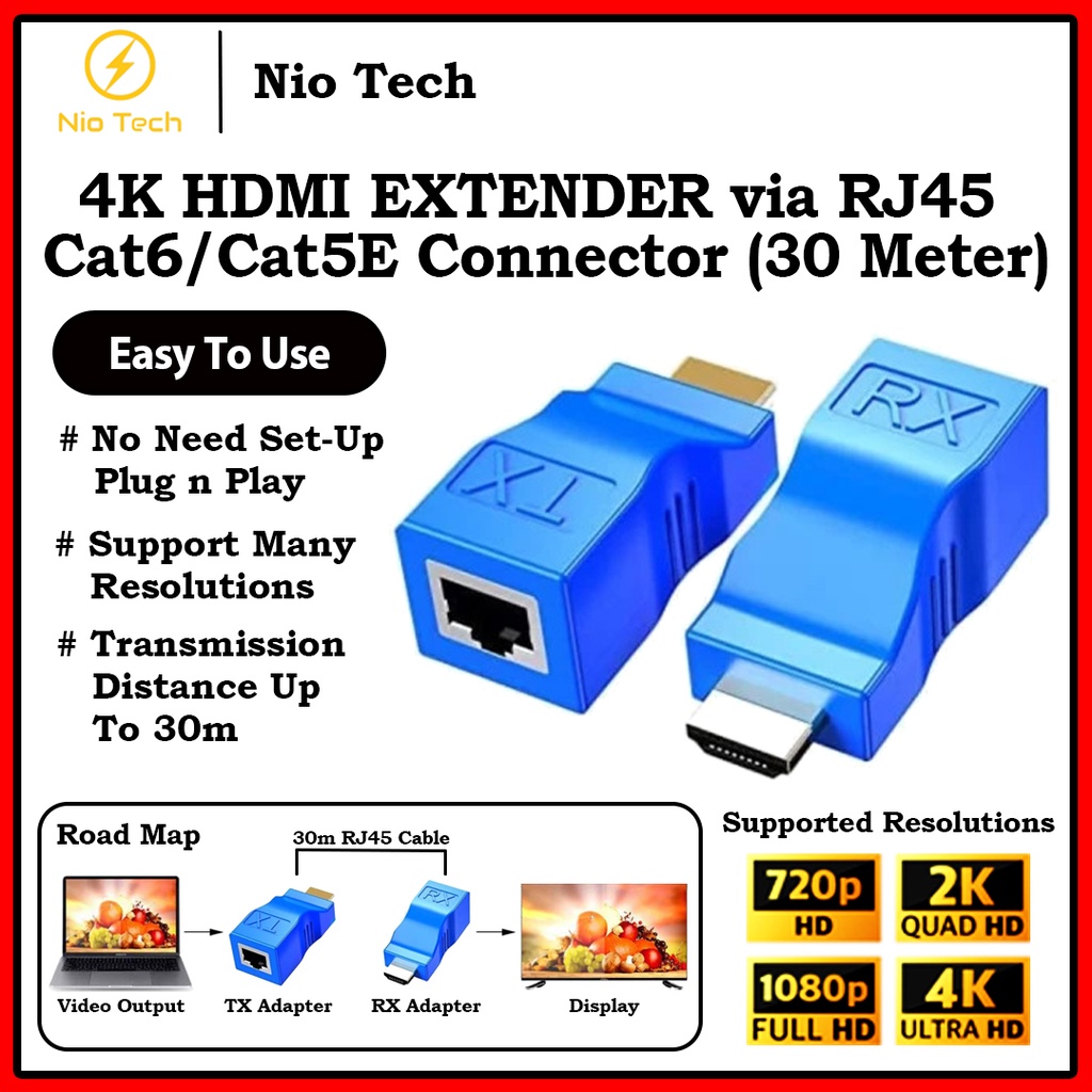 NioTech 4K HDMI Extender RJ45 Ports to HDMI Extension Over CAT 5e / 6