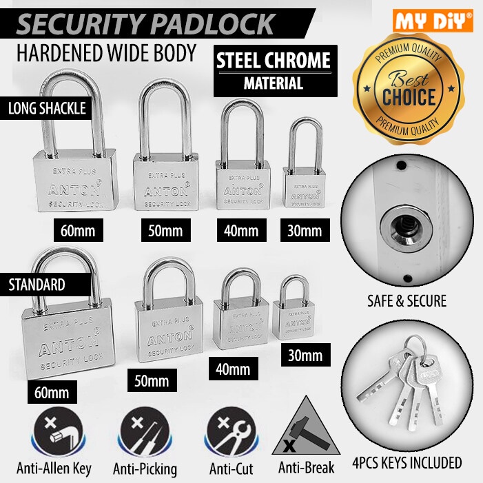 MYDIYHOMEDEPOT ANTON 30MM60MM Security Padlock Steel Chrome Padlock Kunci Mangga Shopee