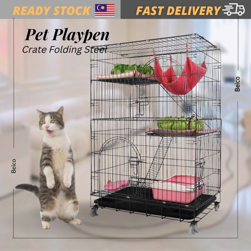 2 Tier Cat Cage, Pets Playpen Cat Kennel Ferret Crate Folding Steel ...