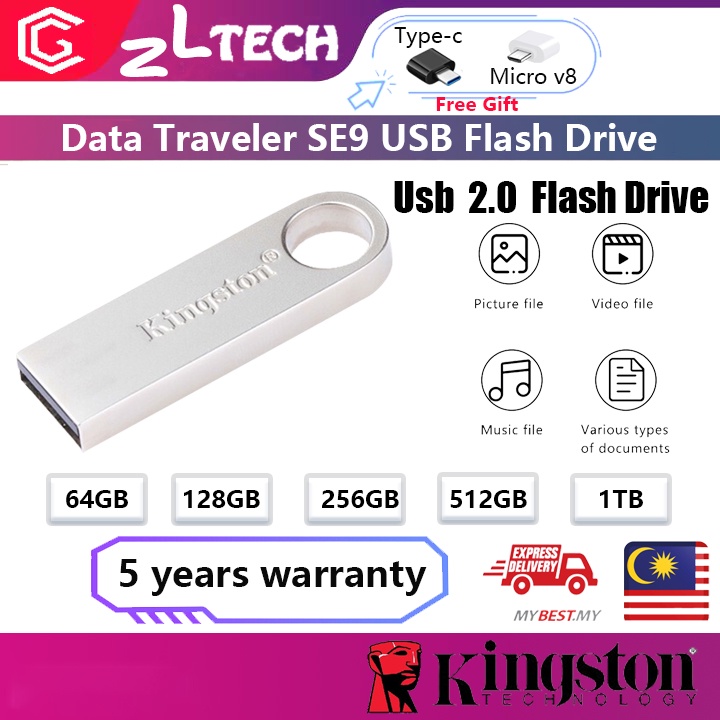 【LOCAL STOCK】Kingston SE9 USB Flash Drive 64GB/128G/256G/512GB/1TB USB 2.0 Mini Key Stick PenDrives Storage Memory