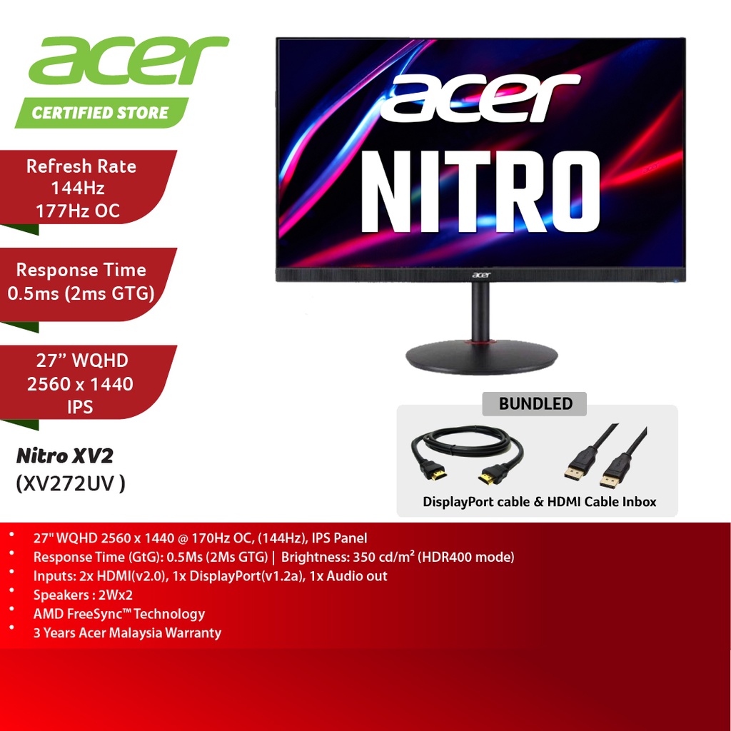 Acer Nitro XV272UV 27" WQHD IPS 170Hz Gaming Monitor ( Speaker, DP ...