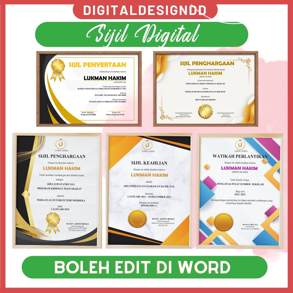 Sijil digital 48 template digital certificate pelbagai pilihan edit sendiri