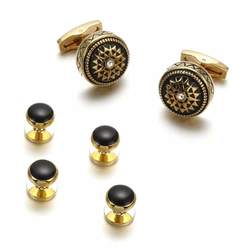 High Quality 6pcs Round Cufflinks Studs Black Enamel Gemelos Copper Tuxedo Collar Stud Set Cufflinks