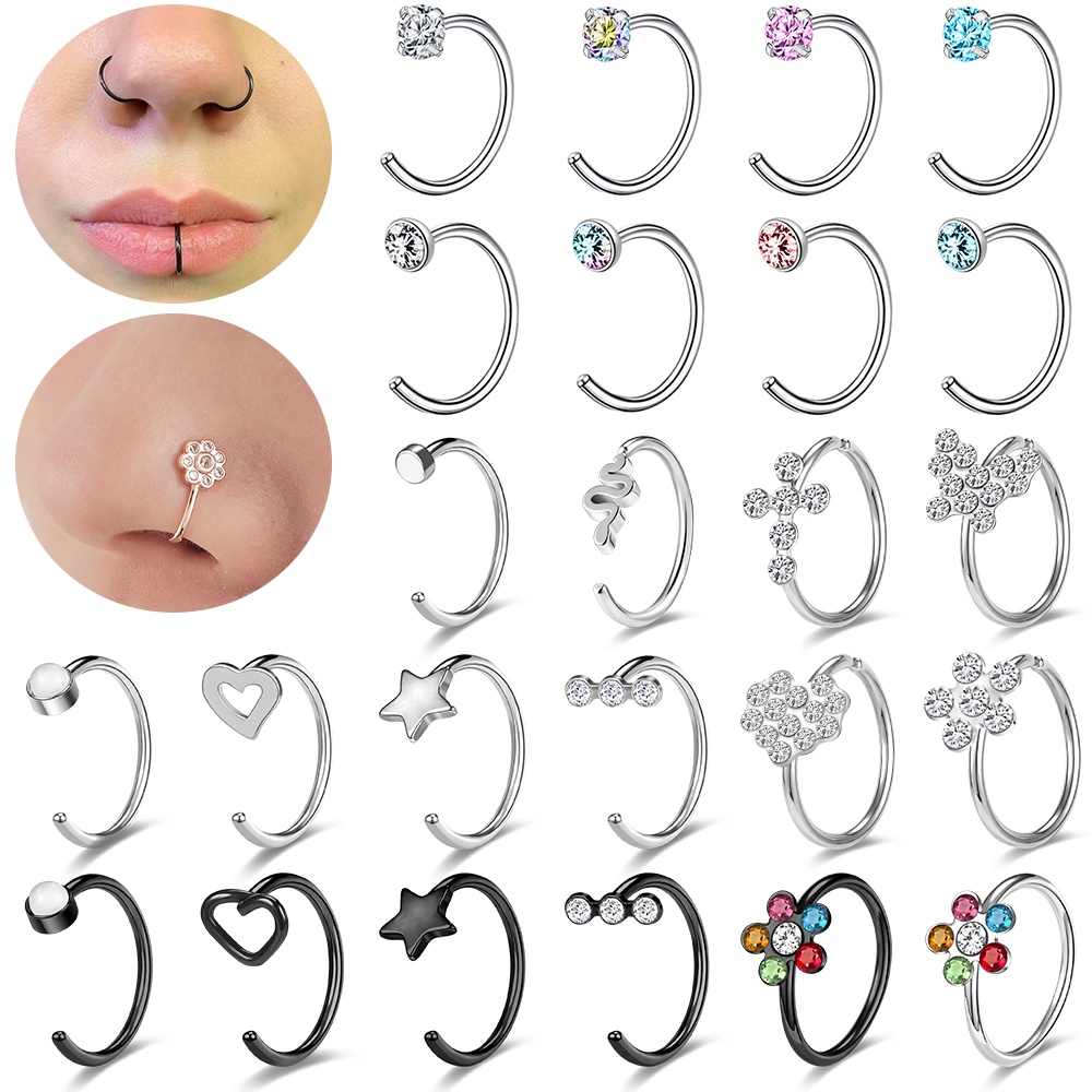 1 PC 20G Stainless Steel C-shape Nose Piercing Flower Butterfly Nose Ring Crystal Cartilage Hoop Earring Helix Piercing