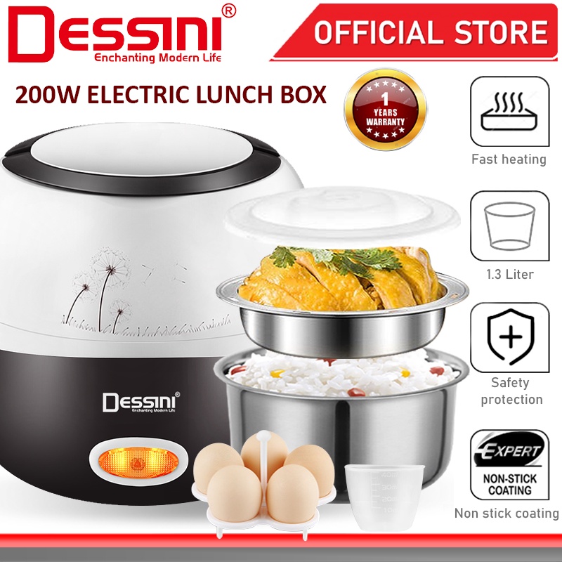 DESSINI ITALY 1.3L Electric Rice Cooker Lunch Box Non Stick Stainless Steel Inner Pot with Steamer Periuk Nasi Elektrik