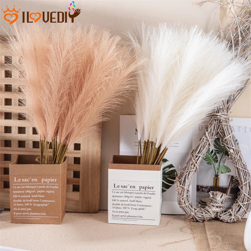 1Pc Artificial Pampas Grass Bouquet Simulated Reed Fake Flower DIY Vase Bendable Reed Real Touch Decorative Fake Plants Holding Bouquet New Year Holiday Wedding Party Home Decor