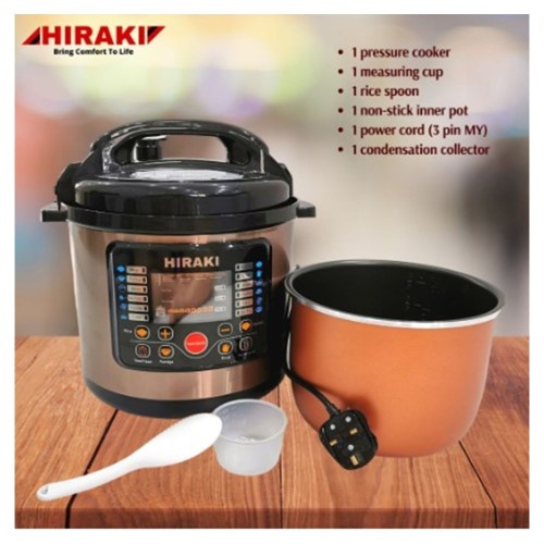 Periuk Nasi 6 Liter Tekanan Tidak Melekat HIRAKI Pressure Cooker Non Stick Inner Pot 6L 7KG dengan Preset Masa