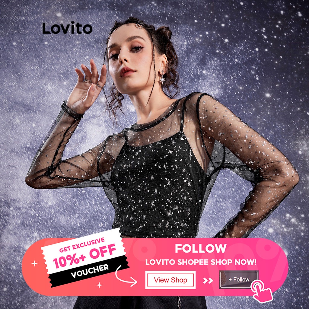 Durable Multi Lovito STAR GIRL Cute Galaxy Sheer Women Blouse L32AE014 (Black) Tempatan - Image 3