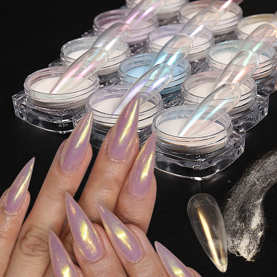 HAMA NAIL Colorful Aurora Chrome Nail Powder Pearl Shell White High Gloss Rubbing Dust Holographic Glimmer Pigment Nail Decoration