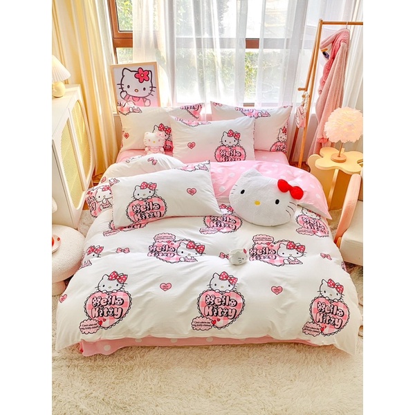 Cadar Original Hello Kitty Cotton Material Queen Size Getah Keliling