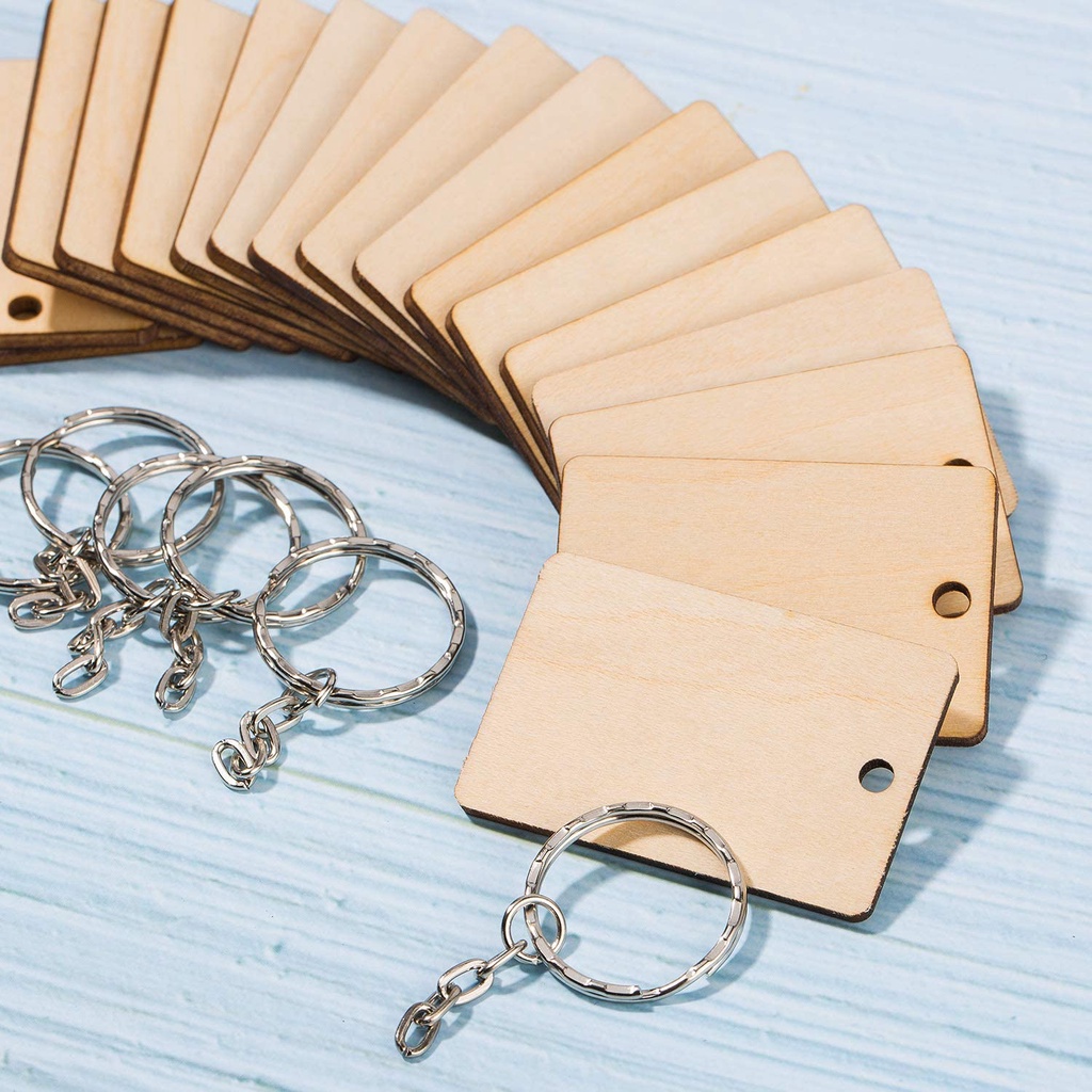 Keychain 60Pcs Rectangle Wood Blank Wooden Key Chains to Paint Personalized Key Rings DIY Logo Name Key Tags Gift Bag Pendant