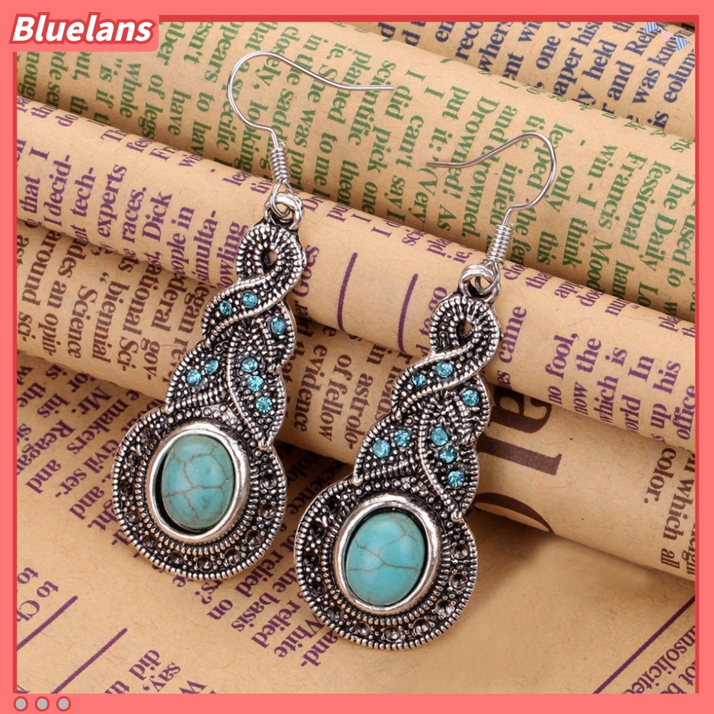 【Bluelans】Vintage Women Earrings Faux Turquoise Gourd Shape Long Dangle Ear Hooks Jewelry