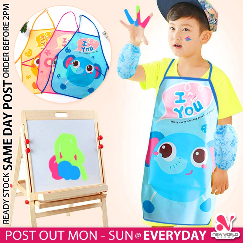 《 》Cute Cartoon Children Arm Sleeves Apron Waterproof Kids Art Painting Cooking Baking Kitchen Aprons 小孩围裙