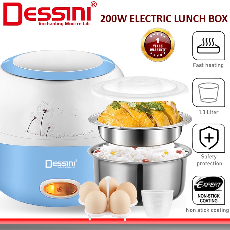 DESSINI ITALY 1.3L Electric Rice Cooker Lunch Box Non Stick Stainless Steel Inner Pot with Steamer Periuk Nasi Elektrik