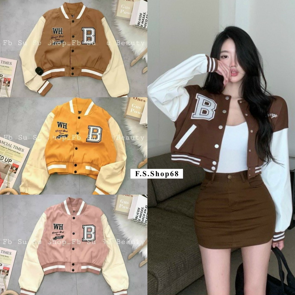 Jacket Bomber croptop WH B letters for women with bat wings shape And white hand-matching wide bear with sexy Korean buttons (many colors)