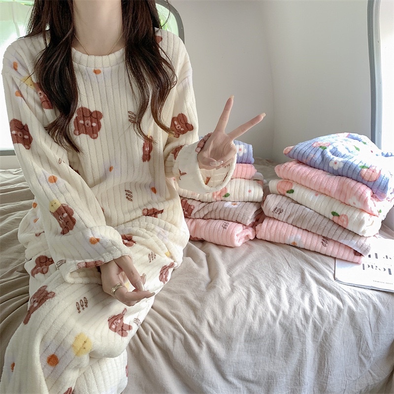 Fruit Pattern Fur Pajamas Set, FreeSize Thermal Cotton Fleece Set for Super Warm Home Wear