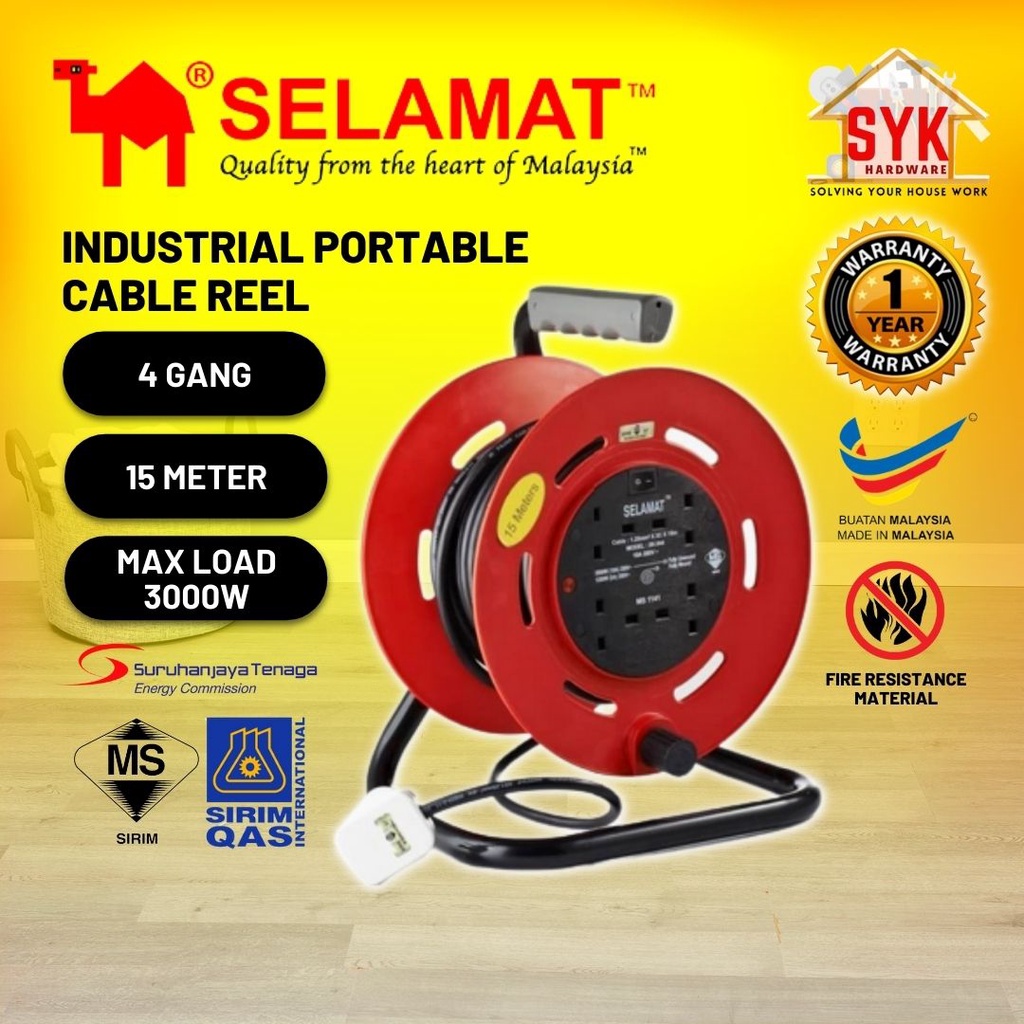 SYK SELAMAT 4 Gang 15 Meter Portable Extension Cable Reel Plug Wire
