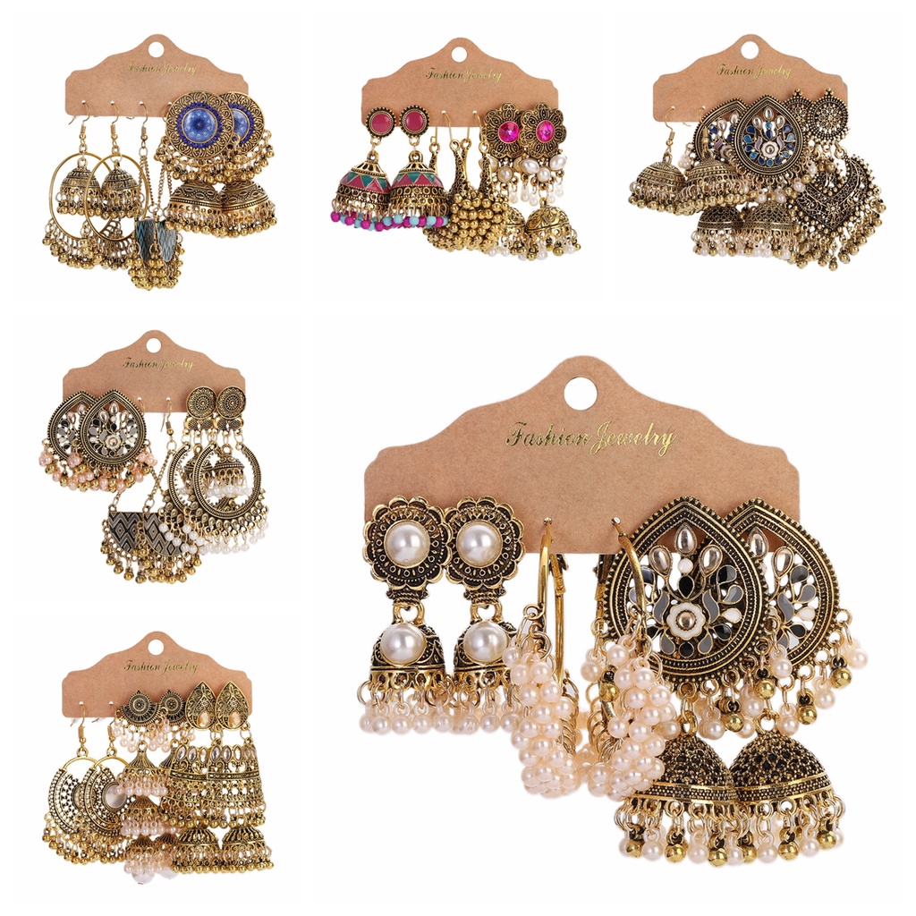 Boho Round Big Pearl Jhumka Earrings Set For Women Vintage Gold Color Ethnic Crystal Bell Dangle Earrings Jewelry Set