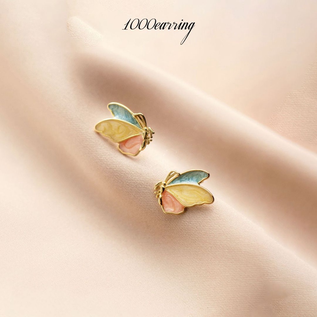 1000earring 925 Sterling Silver Tricolor Butterfly Stud Earrings - Gold