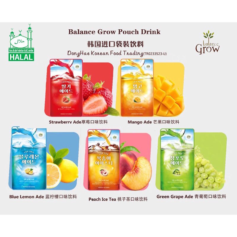Balance Grow Korean Pouch Drink Peach Ice Tea Mango Ade Strawberry Ade