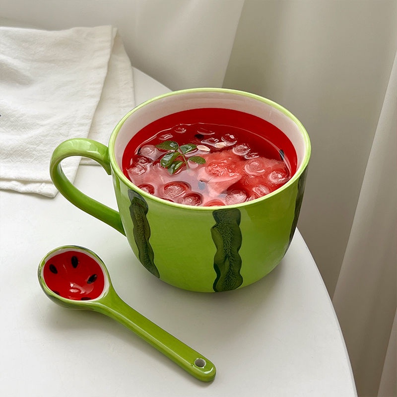 Ready Stock Hot Sale-400ml Large Capacity Creative Watermelon Shape Ceramic Mug Milk Coffee Cup (Broken Must Compensate)