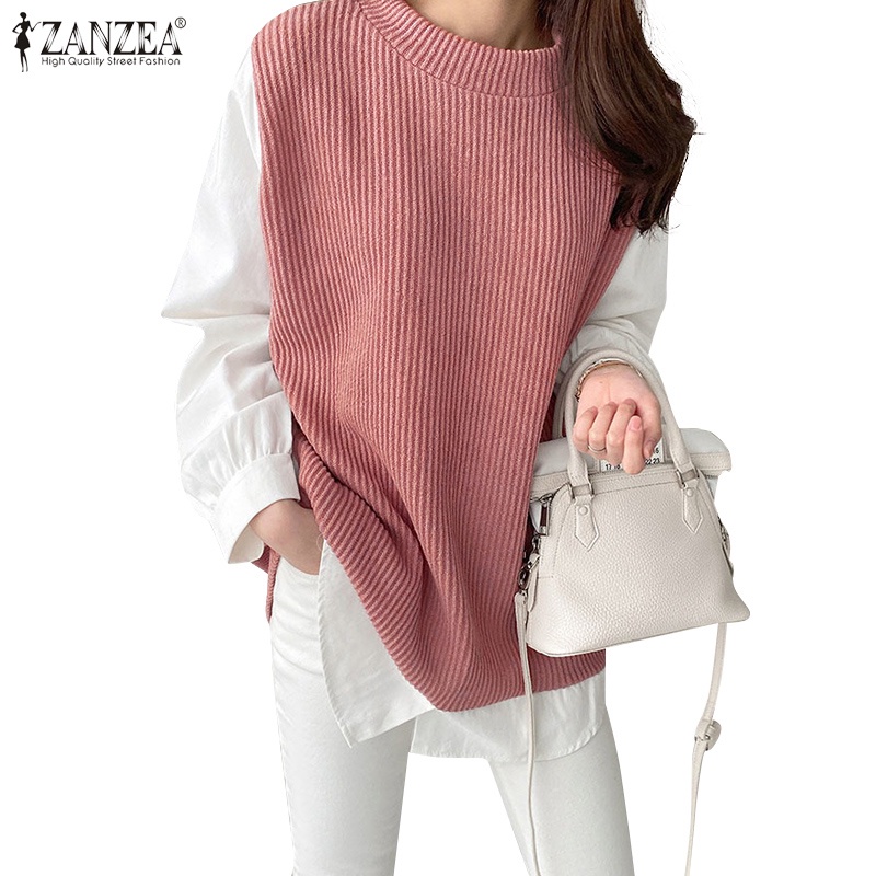 ZANZEA Women Korean Daily Knitted Patchwork Collision Color Fake Two Pieces Sweatshirts