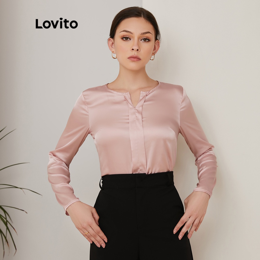 Lovito Plain Long Sleeve Satin Blouses for Women L21EN106 (Dusty Pink ...