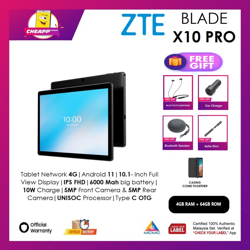 (MYSET) ZTE BLADE X10 PRO (4GB RAM + 64GB ROM) Tablet Network 4G LTE