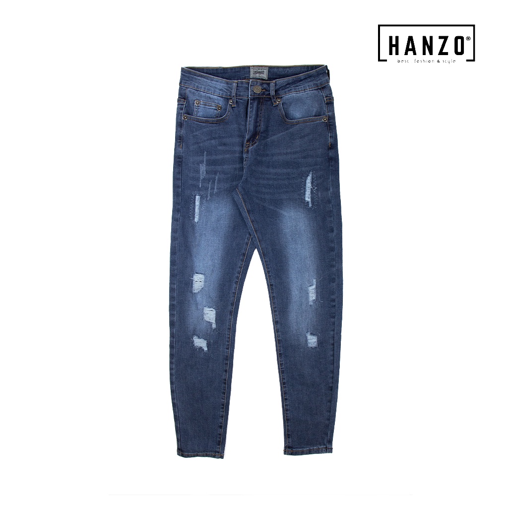 HANZO Men Jeans Long Skinny Fit Jeans Ripped Long Jeans Seluar Jeans Skinny Fit Lelaki Koyak 106911JL8827-28-Blue