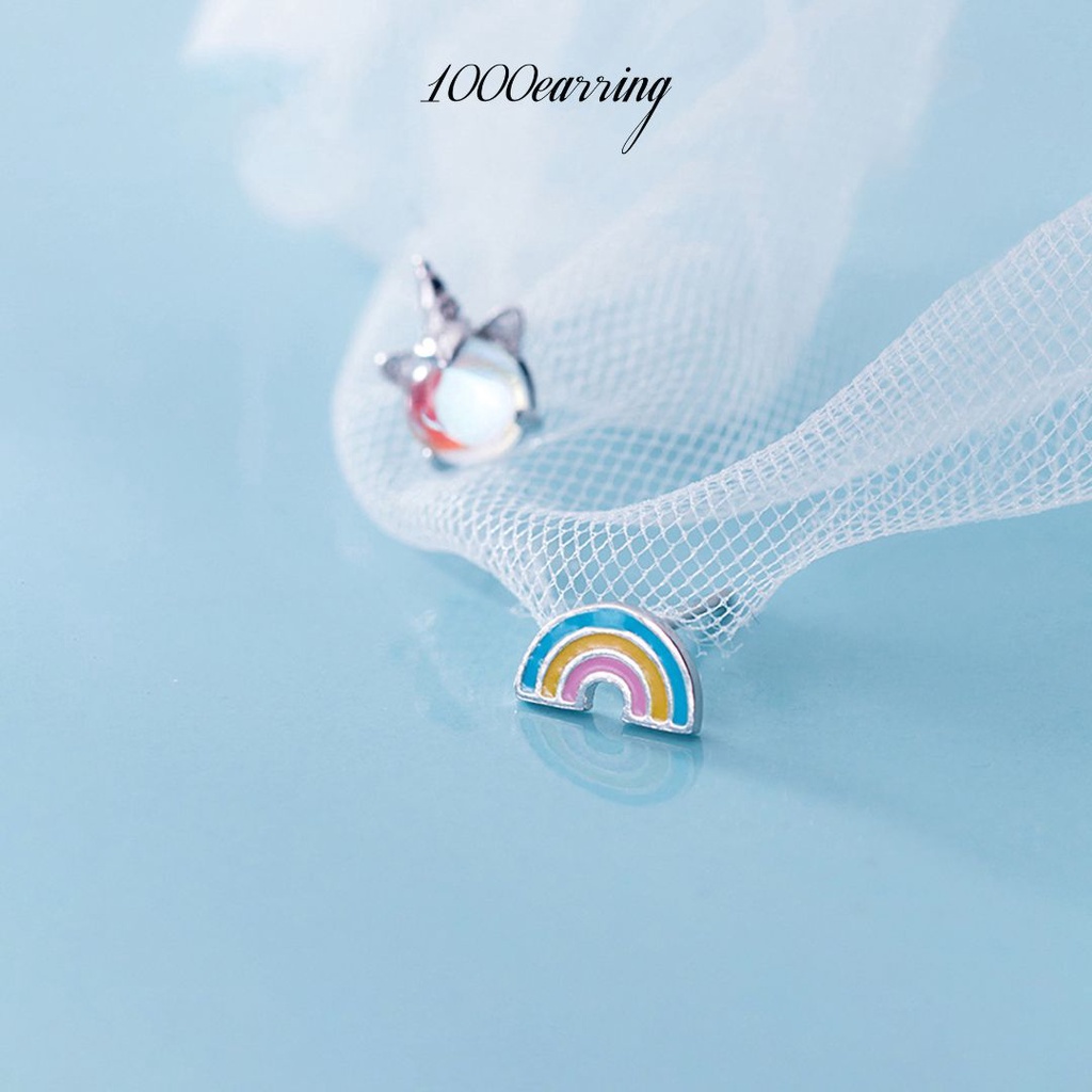 1000earring 925 Sterling Silver Unicorn and Rainbow Mismatch Stud Earrings - Silver