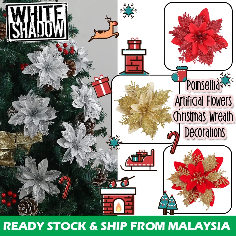 Glitter Artificial Poinsettia Flowers Christmas Tree Ornaments Xmas