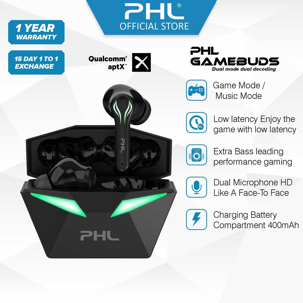 PHL Gamebuds TWS Zero Delay Touch Control Design Bluetooth 5.2 Type-C Port Fast Charging Sweat Erosion