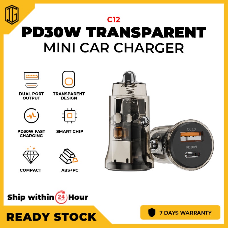 C12 PD30W Transparent Mini Car Charger Dual Port Output Smart Chip Transparent Design Fast Charging Compact ABS + PC