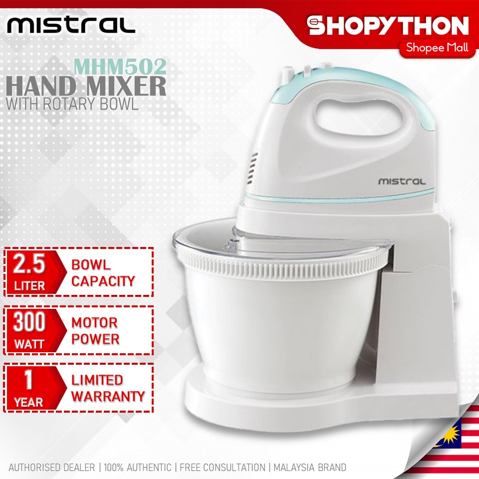 MISTRAL Hand Mixer with Rotary Bowl MHM502 Mint (2.5L/300w) 2 in 1