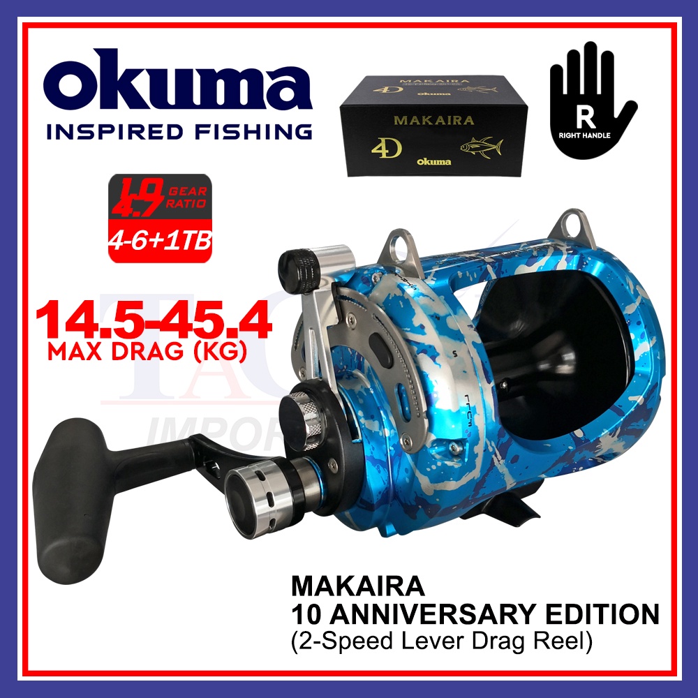 14.5kg-45.4kg Max Drag Okuma Makaira SEa BLUE 10th Anniversary Edition 2-Speed Level Drag Reel Right Handle