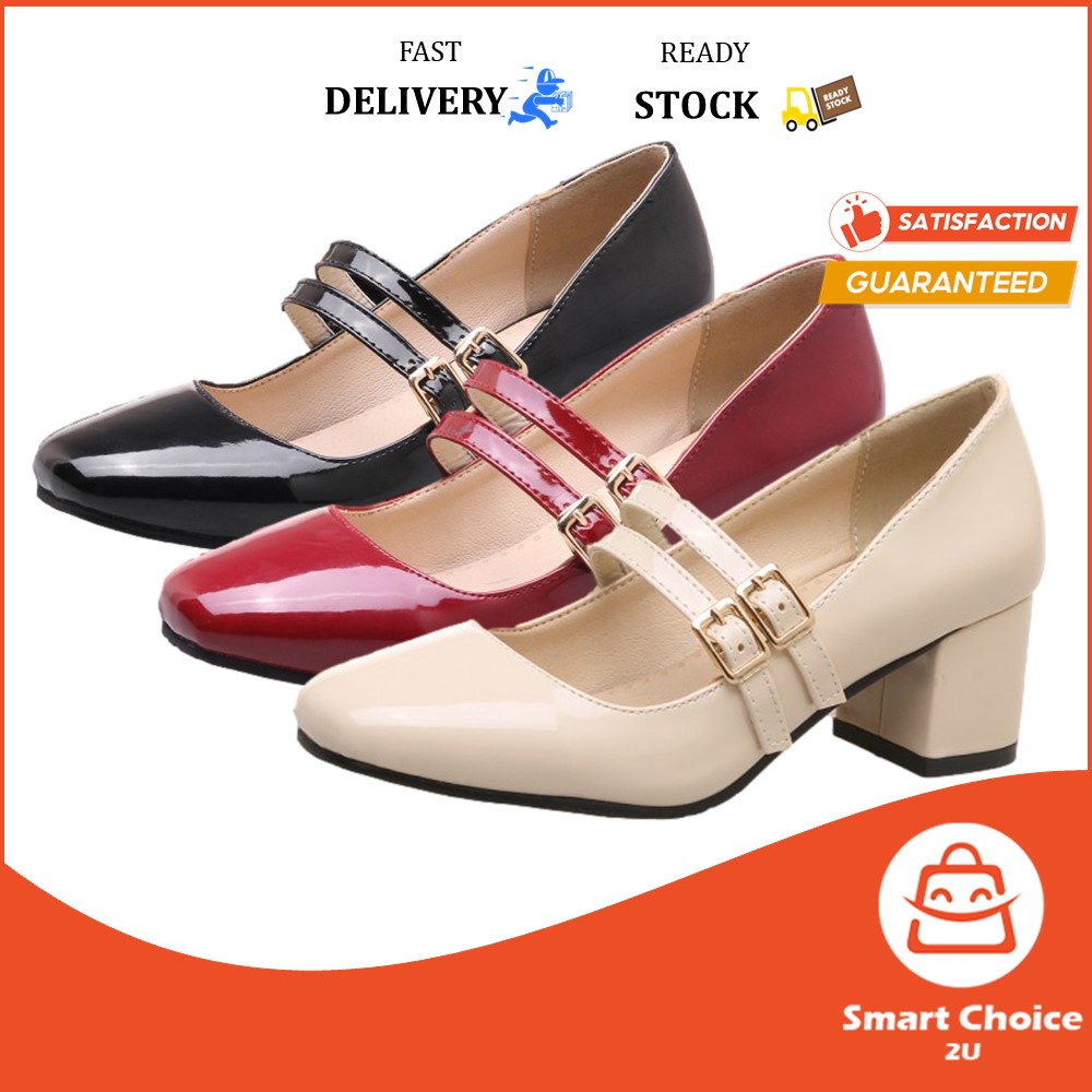 Smartchoice* Women's Patent Leather Square Toe Fashion Ankle Strap Mid-Heel Mary Jane Office Shoes【G21】