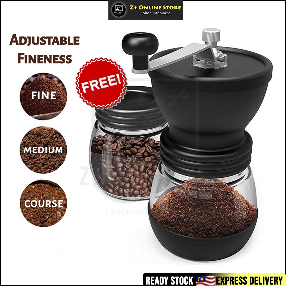 ZPLUS 2 in 1 Washable Manual Ceramic Coffee Mill Stainless Steel Coffee Grinder With *Free 2 Glass Bottles Containers