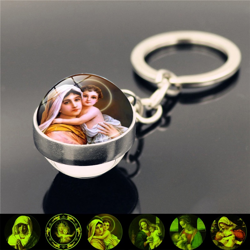 Glow In The Dark Madonna Jesus Keychain Religious Picture Keyring Double Side Cabochon Glass Ball Key Chains Catholic Jewelry Birthday Souvenirs Gifts