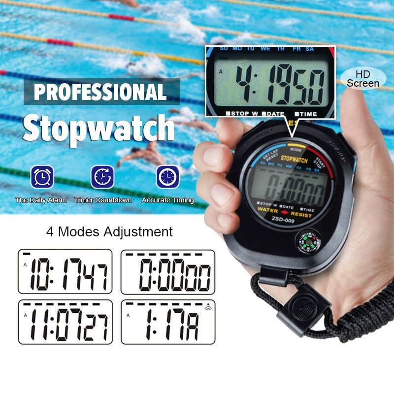 Sports Stopwatch Waterproof Digital LCD Chronograph Timer Counter