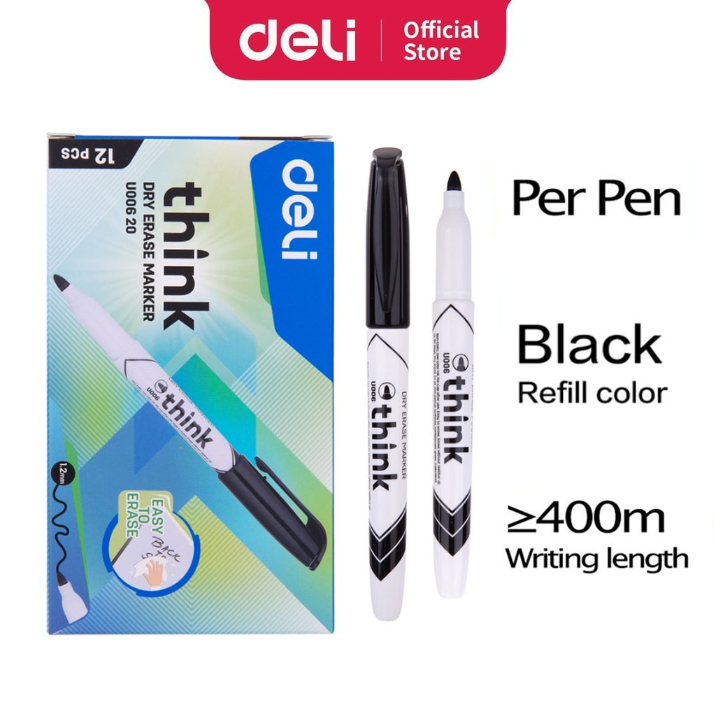 Deli Marker EU00620 Whiteboard Dry Erase Marker Bullet Tip White Board Pen Black (1.2mm/Pen)