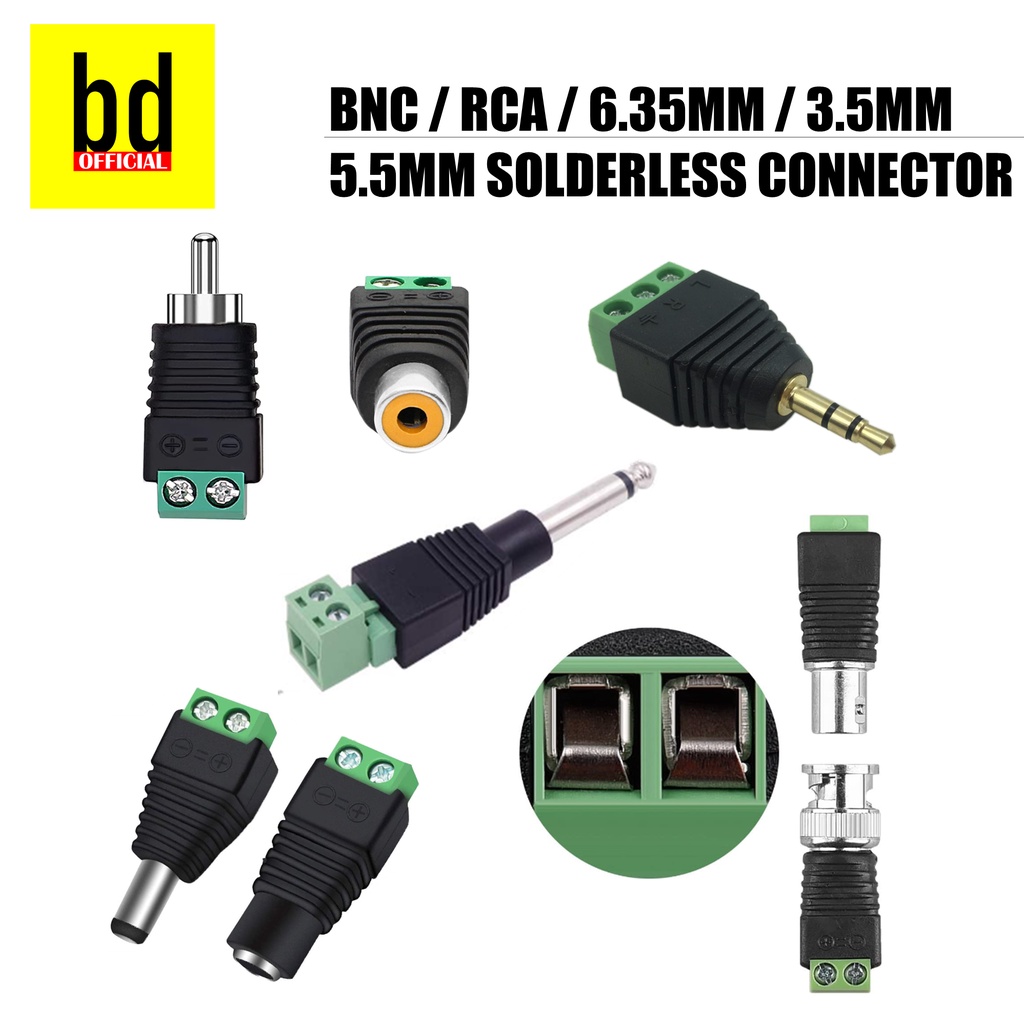 Solderless DC 5.5x2.1mm 3.5x1.35mm BNC RCA 3.5mm Aux TRS TS 4 Pole 6.35mm Cable Jack Adapter Screw Terminal Connector