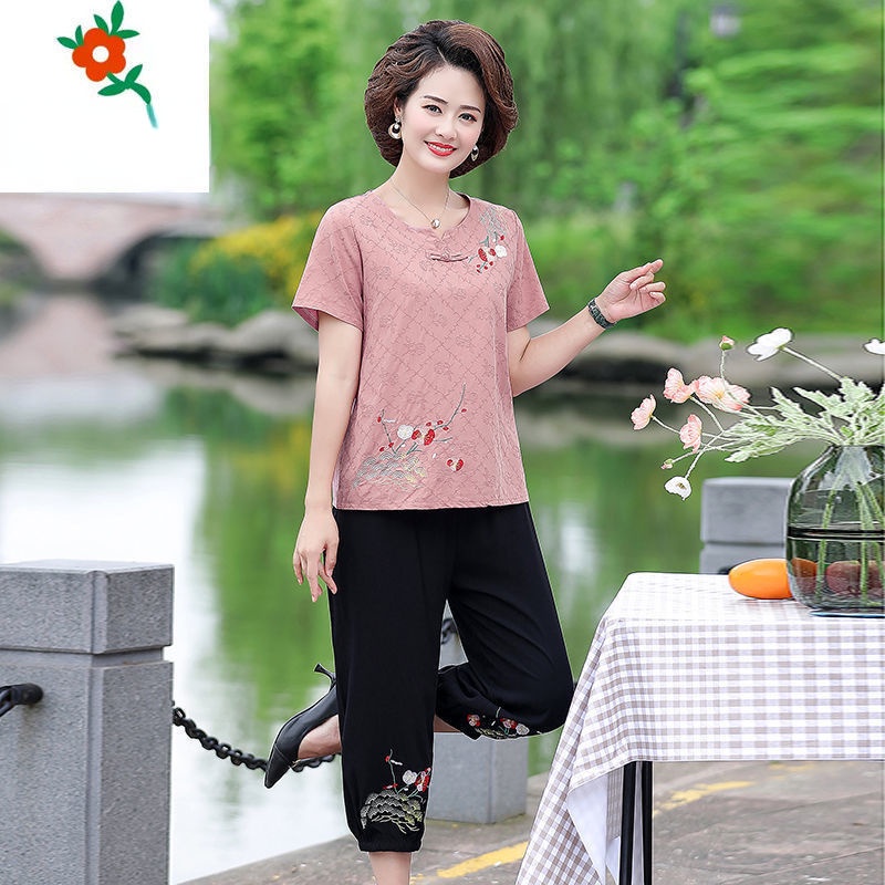 Suit mother summer suit new middle-aged and elderly women's suit two-piece short-sleeved foreign-style clothes