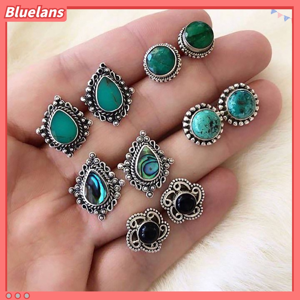 【Bluelans】5 Pair Women Bohemia Faux Turquoise Flower Water Drop Ear Stud Earrings Jewelry