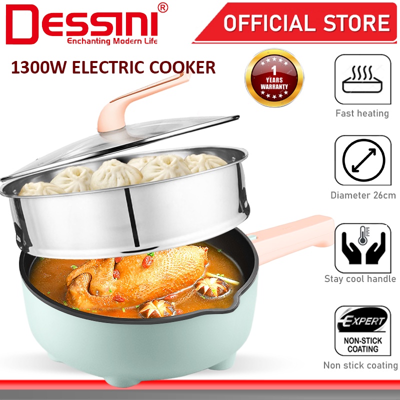 DESSINI ITALY Electric Cooker Steamboat Hot Pot Non Stick Frying Wok Pan Rice Cooker with Steamer Periuk Masak Elektrik